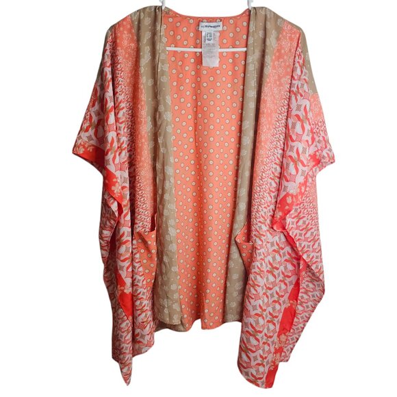 FLAW Susan Graver Bohemian Maximalist Print Orange Tan Open Cardigan - Picture 1 of 5